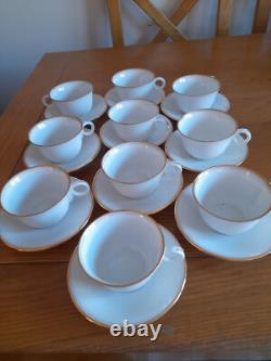 10 French cups & saucers Havilland Limoges white gold trim