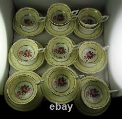 11 Antique Coalport Floral HP Yellow Gold Trim Footed Cup & Saucer Sets