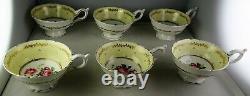 11 Antique Coalport Floral HP Yellow Gold Trim Footed Cup & Saucer Sets