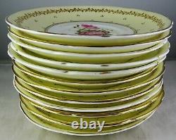 11 Antique Coalport Floral HP Yellow Gold Trim Footed Cup & Saucer Sets