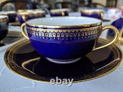 11 C Ahrenfeldt Limoge Blue & Gold Cream Soup/Boullion Cups & Saucers, 1894-1930