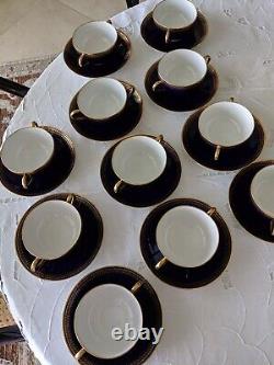 11 C Ahrenfeldt Limoge Blue & Gold Cream Soup/Boullion Cups & Saucers, 1894-1930