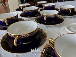11 C Ahrenfeldt Limoge Blue & Gold Cream Soup/Boullion Cups & Saucers, 1894-1930