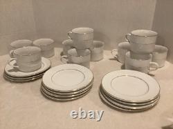 11 Gibson Black Tie 8 oz CUPS & SAUCERS, White w Gold Trim, Ribbed Design China