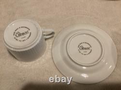 11 Gibson Black Tie 8 oz CUPS & SAUCERS, White w Gold Trim, Ribbed Design China
