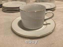 11 Gibson Black Tie 8 oz CUPS & SAUCERS, White w Gold Trim, Ribbed Design China