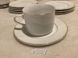 11 Gibson Black Tie 8 oz CUPS & SAUCERS, White w Gold Trim, Ribbed Design China