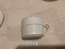 11 Gibson Black Tie 8 oz CUPS & SAUCERS, White w Gold Trim, Ribbed Design China