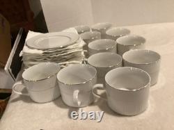 11 Gibson Black Tie 8 oz CUPS & SAUCERS, White w Gold Trim, Ribbed Design China