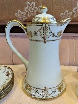 11 Pcs Antique Nippon Chocolate Pot Set withCups & Saucers, Gold Gilding ELEGANT