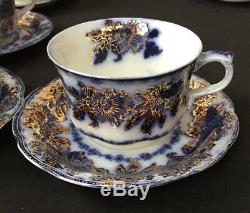 12 Cup & Saucer Sets Sevres Flow Blue with Gold New Wharf Pottery England