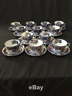 12 Cup & Saucer Sets Sevres Flow Blue with Gold New Wharf Pottery England