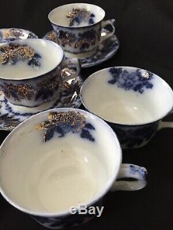 12 Cup & Saucer Sets Sevres Flow Blue with Gold New Wharf Pottery England