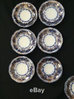 12 Cup & Saucer Sets Sevres Flow Blue with Gold New Wharf Pottery England