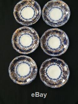 12 Cup & Saucer Sets Sevres Flow Blue with Gold New Wharf Pottery England