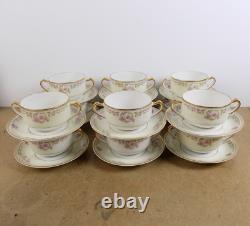 12 Haviland Limoges Antoinette Bouillon Cups & Saucers France Flowers Cream Gold