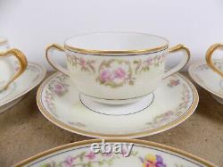 12 Haviland Limoges Antoinette Bouillon Cups & Saucers France Flowers Cream Gold