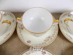 12 Haviland Limoges Antoinette Bouillon Cups & Saucers France Flowers Cream Gold