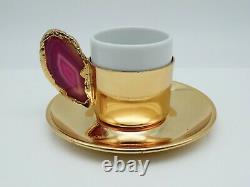12 PORLAND Porcelain / Gold Plate / Crystal Stone Demitasse Cups & Saucers Set