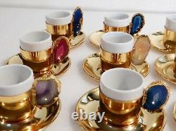 12 PORLAND Porcelain / Gold Plate / Crystal Stone Demitasse Cups & Saucers Set