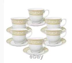 12 Piece Greek Design Tea Set Cup and Saucers Gold White Design Gift