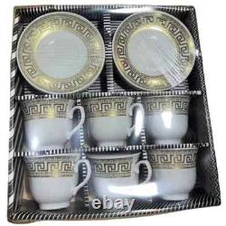 12 Piece Greek Design Tea Set Cup and Saucers Gold White Design Gift