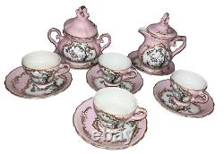12 pc Tea Set Cups & Saucers 7291 Pink & Gold Limoges Courting Couple Bone Japan