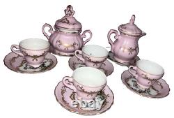 12 pc Tea Set Cups & Saucers 7291 Pink & Gold Limoges Courting Couple Bone Japan
