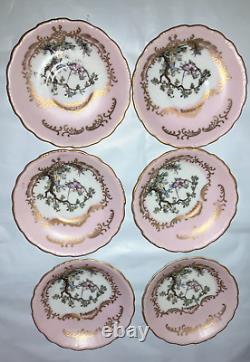12 pc Tea Set Cups & Saucers 7291 Pink & Gold Limoges Courting Couple Bone Japan