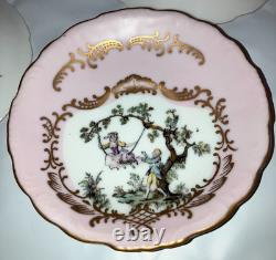 12 pc Tea Set Cups & Saucers 7291 Pink & Gold Limoges Courting Couple Bone Japan