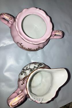 12 pc Tea Set Cups & Saucers 7291 Pink & Gold Limoges Courting Couple Bone Japan