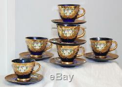 12pc set of Bohemian 6 cups & 6 Saucers Cobalt & Gold Enamel Flowers Demitasse