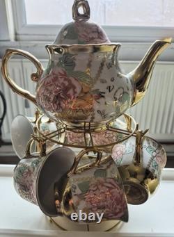 13-Piece China Tea Set with Titanium Gold Trim