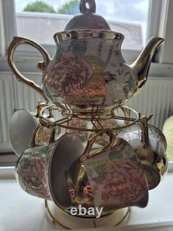 13-Piece China Tea Set with Titanium Gold Trim