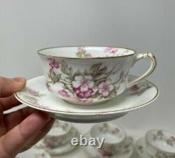 14 Piece Set Antique Theodore Haviland Limoges Cups Saucers Pinks Flowers Gold