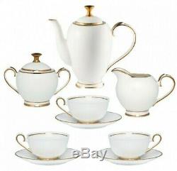 15-Pc Bone China Tea Set for 6 Persons White Porcelain Gold Plating Russia Gzhel