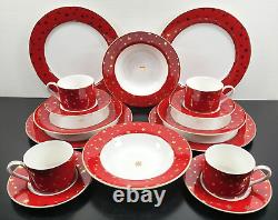 (16) Pc Sakura Galaxy Red Dinner Plates Soup Bowls Cups Saucers Set 14K Gold Lot