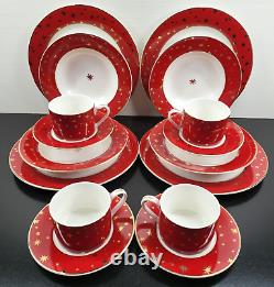 (16) Pc Sakura Galaxy Red Dinner Plates Soup Bowls Cups Saucers Set 14K Gold Lot