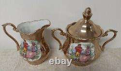 17pc Walbrzych Poland Gold Lustre Courting Couple Tea Set 6 Demitasse Cup Saucer