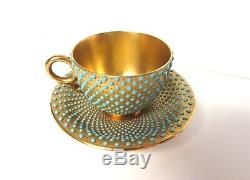 1891-1919 Coalport Turquoise Jeweled Demitasse Cup & Saucer Gold Gilt