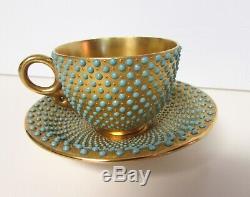 1891-1919 Coalport Turquoise Jeweled Demitasse Cup & Saucer Gold Gilt