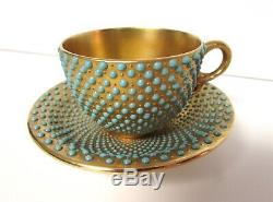 1891-1919 Coalport Turquoise Jeweled Demitasse Cup & Saucer Gold Gilt