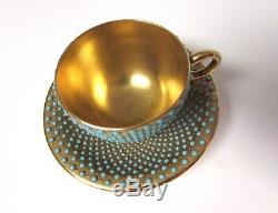 1891-1919 Coalport Turquoise Jeweled Demitasse Cup & Saucer Gold Gilt