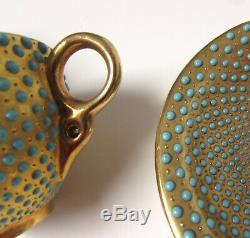 1891-1919 Coalport Turquoise Jeweled Demitasse Cup & Saucer Gold Gilt