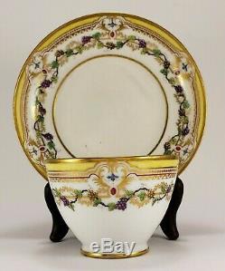 18th c French Antique Sevres Tea Bowl Cup Saucer Porcelain Yellow Gold Grapes