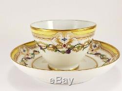 18th c French Antique Sevres Tea Bowl Cup Saucer Porcelain Yellow Gold Grapes