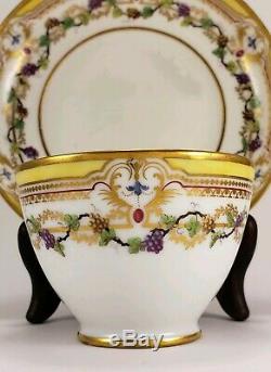 18th c French Antique Sevres Tea Bowl Cup Saucer Porcelain Yellow Gold Grapes