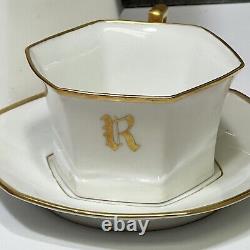 1918 T & V Limoges France Chocolate Pot & 2 Cups Saucers Monogrammed R Gold