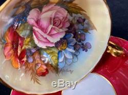 1930s Aynsley J A Bailey Cabbage Roses Floral Gold Signed Red Cup & Saucer #1033