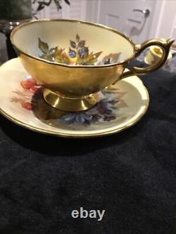 1950's Aynsley signed J. A. Bailey cabbage Rose Bouquet gold cup and saucer